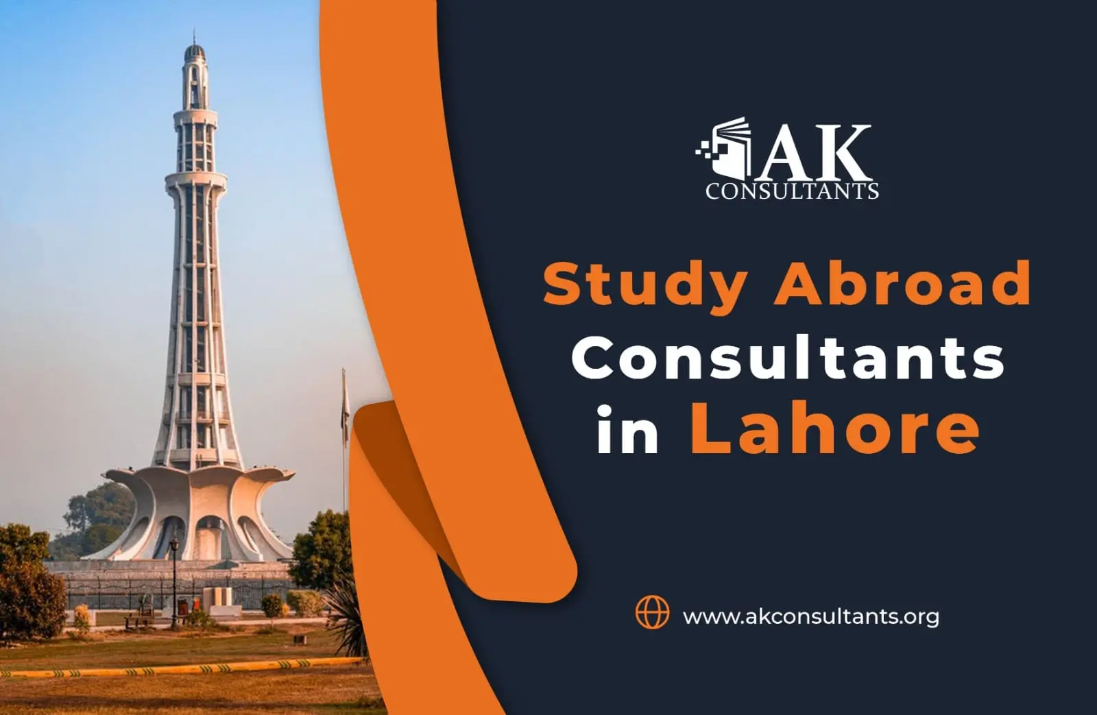 Study Abroad Consultants in Lahore written with AK consultant logo and image of Lahore Office.